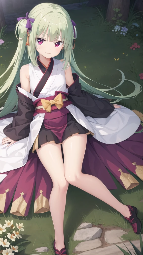 ((masterpiece)),(best quality),Official Art,Extremely detailed CG,Unity 8k Wallpaper,Super detailed,Beautiful and delicate eyes,Extremely detailed face,1 girl,solitary,,(whole body:1.5),(small:1.3),Smile,,Murasame,Very long hair,Green Hair,Face Up,Purple bow,hairpin,Side chains,Bangs,Red Eyes,Neck strap,Red belt,Elegant and beautiful，Cloud sleeve hanfu， Chinese style，Spring forest flowers are so beautiful，Spring birds are full of sorrow。Spring breeze is full of love，Blow my skirt open。