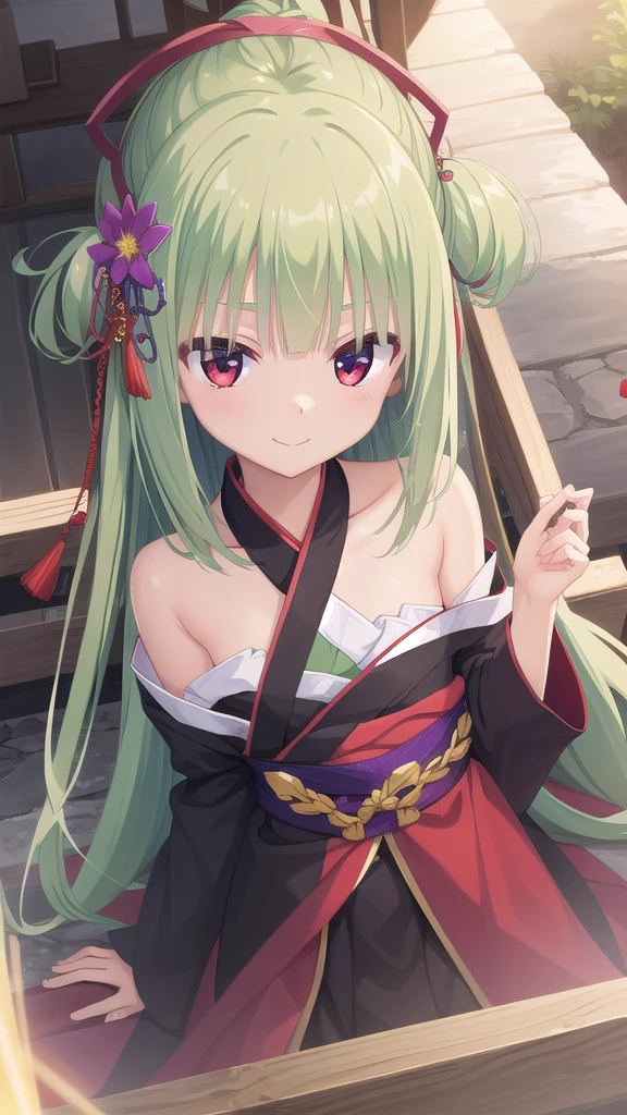 ((masterpiece)),(best quality),Official Art,Extremely detailed CG,Unity 8k Wallpaper,Super detailed,Beautiful and delicate eyes,Extremely detailed face,1 girl,solitary,,(whole body:1.5),(small:1.3),Smile,,Murasame,Very long hair,Green Hair,Face Up,Purple bow,hairpin,Side chains,Bangs,Red Eyes,Neck strap,Red belt,Elegant and beautiful,Cloud sleeve hanfu, Chinese style,Spring forest flowers are so beautiful,Spring birds are full of sorrow。Spring breeze is full of love,Blow my skirt open。