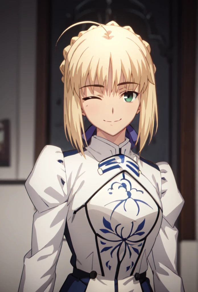 best quality, masterpiece, highres, solo, (saber_fatestaynightufotable:1.10), smile, happy, one eye closed, portrait, looking at viewer, anime_style, 41 