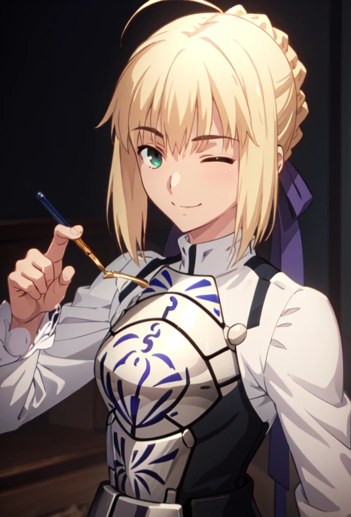 best quality, masterpiece, highres, solo, (saber_fatestaynightufotable:1.10), smile, happy, one eye closed, portrait, looking at viewer, anime_style, 41