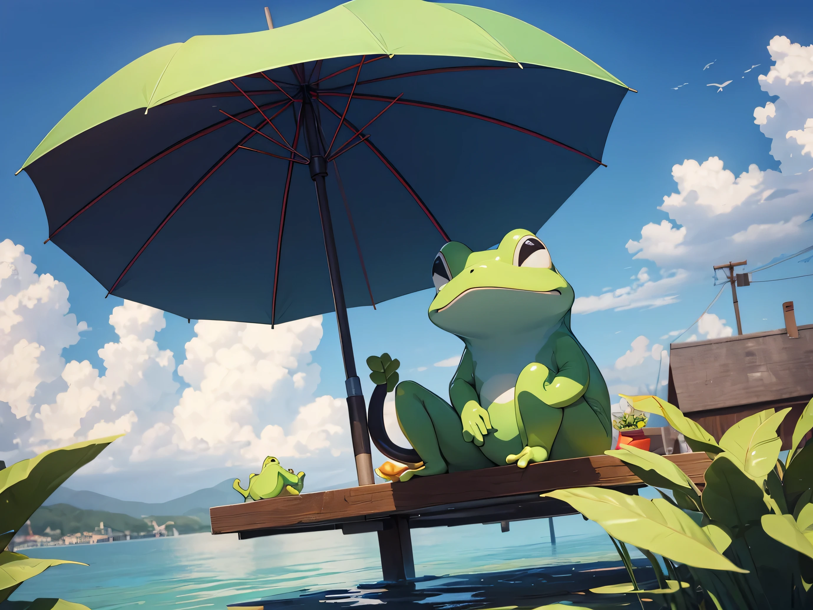 Illustration of a frog holding an umbrella