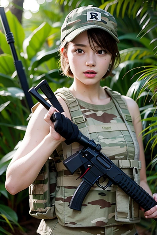 In the jungle, a beautiful young European woman,ranger,18 years old,golden short hair,sunglasses,watches,camouflage baseball cap 🧢, few children wore camouflage uniforms and carried sniper rifles,photorealistic,photorealism,professional photo,long shot --ar 3:4 --style raw