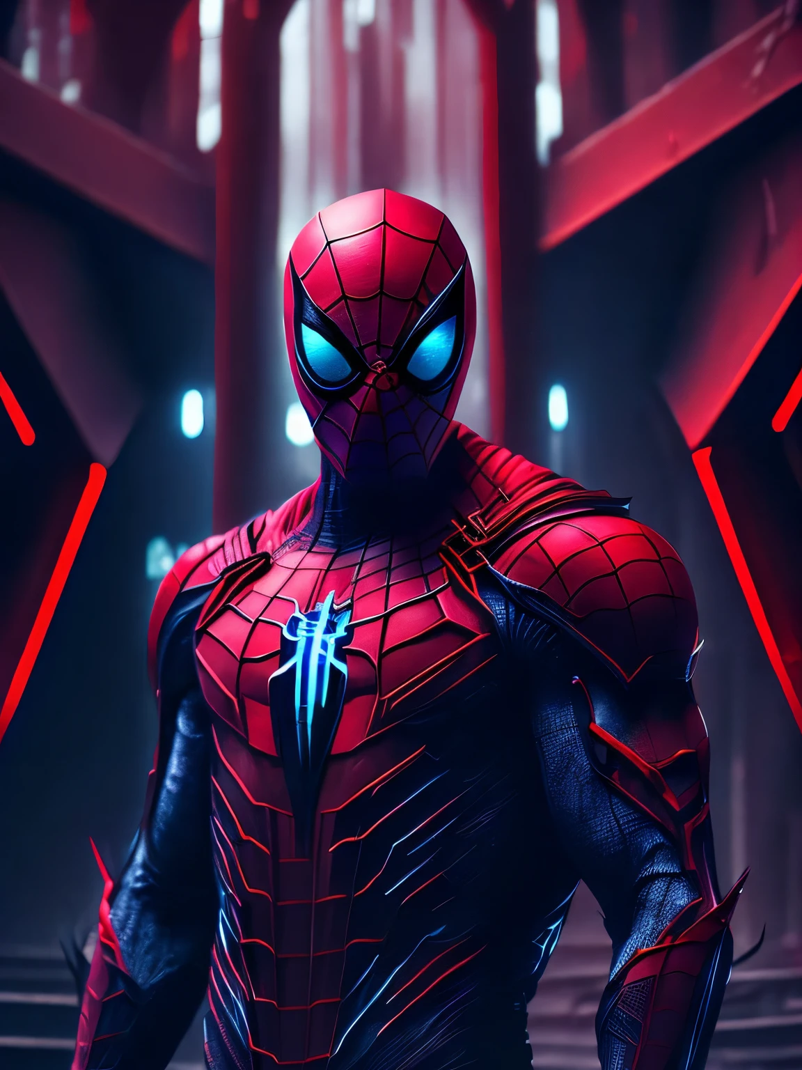 gloomy portrait of Bloody Spider-Man from Marvel with intricate angular cybernetic implants inside a brutalist building, gothic brutalist cathedral, cyberpunk, award-winning photo, bokeh, neon lights, cybernetic limb