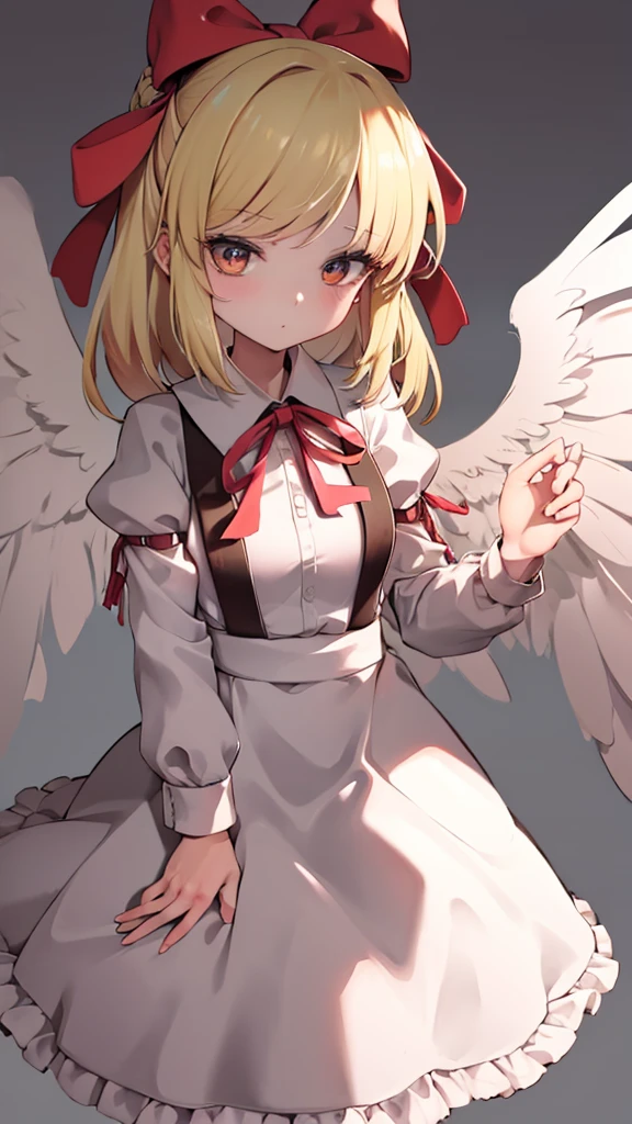 masterpiece, best quality, 1girl, solo, 10 years old, medium blonde hair, forehead visible bangs, hair flaps, ribbon on head, well-formed face, blonde eyes, angel girl, nehru collar, white blouse, long sleeves, red ribbon, angel wings, red thick suspenders, long white skirt, long maxi-skirt, very long skirt, wide shot, full body shot, simple background