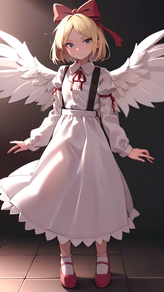 masterpiece, best quality, 1girl, solo, , medium blonde hair, forehead visible bangs, hair flaps, ribbon on head, well-formed face, blonde eyes, angel girl, nehru collar, white blouse, long sleeves, red ribbon, angel wings, red thick suspenders, long white skirt, long maxi-skirt, very long skirt, wide shot, full body shot, simple background