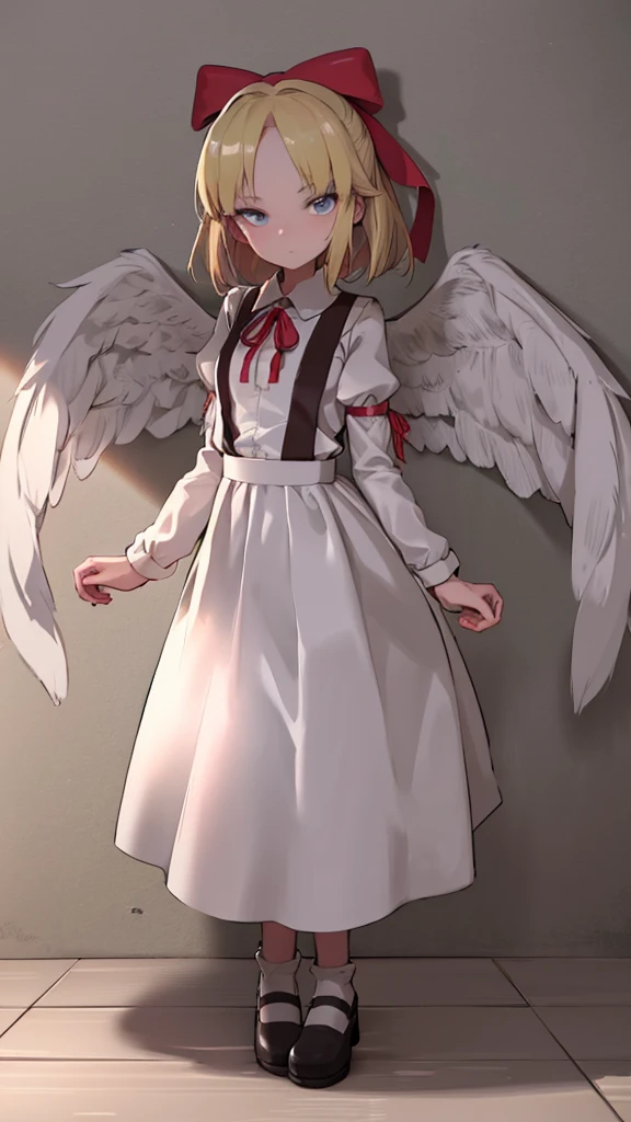 masterpiece, best quality, 1girl, solo, 10 years old, medium blonde hair, forehead visible bangs, hair flaps, ribbon on head, well-formed face, blonde eyes, angel girl, nehru collar, white blouse, long sleeves, red ribbon, angel wings, red thick suspenders, long white skirt, long maxi-skirt, very long skirt, wide shot, full body shot, simple background