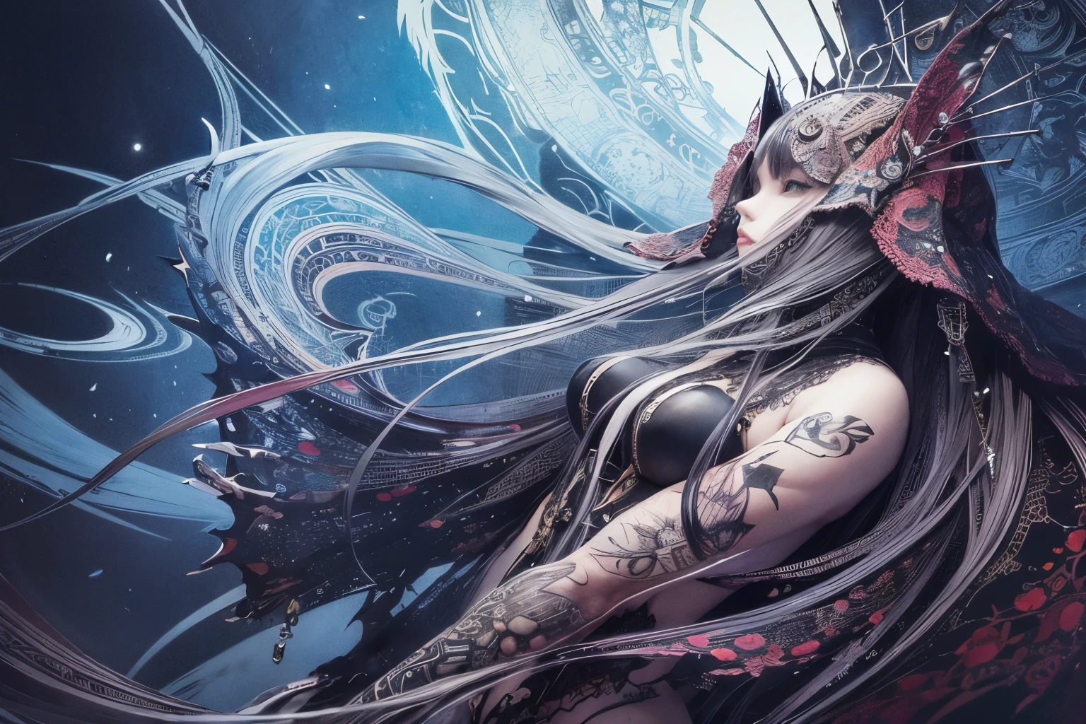 Watercolor, Ink droplets, many colors of ink, Detailed line art, girl, Dark fantasy, Incredible detail, highest quality, Official Art, Large file size, Detailed, masterpiece,