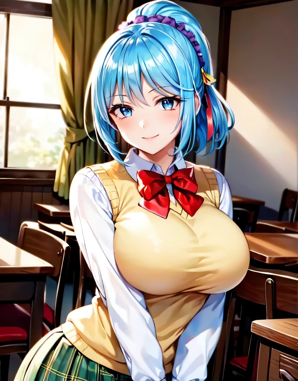 ultra-detailed,kurumu,1girl,light blue hair, purple eyes,yellow sweater vest, white shirt, ((red bow:1.2)), (green plaid skirt),smile,purple headdress,long sleeves,ponytail,short hair,(purple ribbon:1.1),(Large breasts:1.5),Looking at Viewer,Standing,(((masterpiece))),((Best Quality)),Perfect Anatomy,8K UHD,extremely detailed face,gloss and shiny,((1girl)),((Solo)),(Beautiful detailed eyes:1.5),perfect Image,(Upper body:1.1),(Look at the front:1.1),Arms behind back,Slim waist,(shiny hair),classroom,