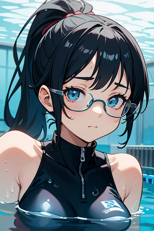 beautiful, masterpiece, best quality, hiqcgbody, anime, 1girl, medium breasts, olympic swimmer, transparent and Clear black swimsuit, black hair, ponytail, underwater glasses, portrait shot, looking at viewer, partially submerged, outdoor pool, wet skin, intricate details