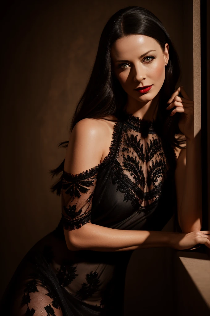 there is a woman with a black dress and a red lipstick, dressed in black lace, glamour portrait, lacey, portrait stunning, 4 k glamour photography, black lace, glamour photography, beautiful caitriona balfe, portrait sabrina lloyd, photoshoot portrait, high quality portrait photoshoot, full face and body portrait, dark and intricate, cait miers