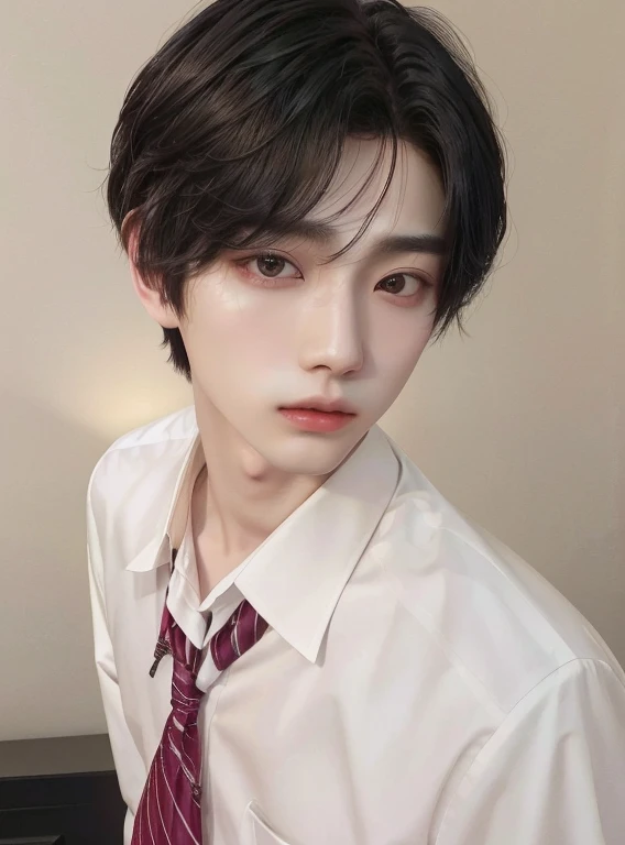 Hay un hombre con corbata y una camisa blanca, cai xukun, jinyoung shin, kim doyoung, beautiful androgynous prince, delicate androgynous prince, sakimichan, Jung Jaehyun, con pelo corto, hyung tae, kousuke oono, ishida sui, hsiao-ron, toru furuya