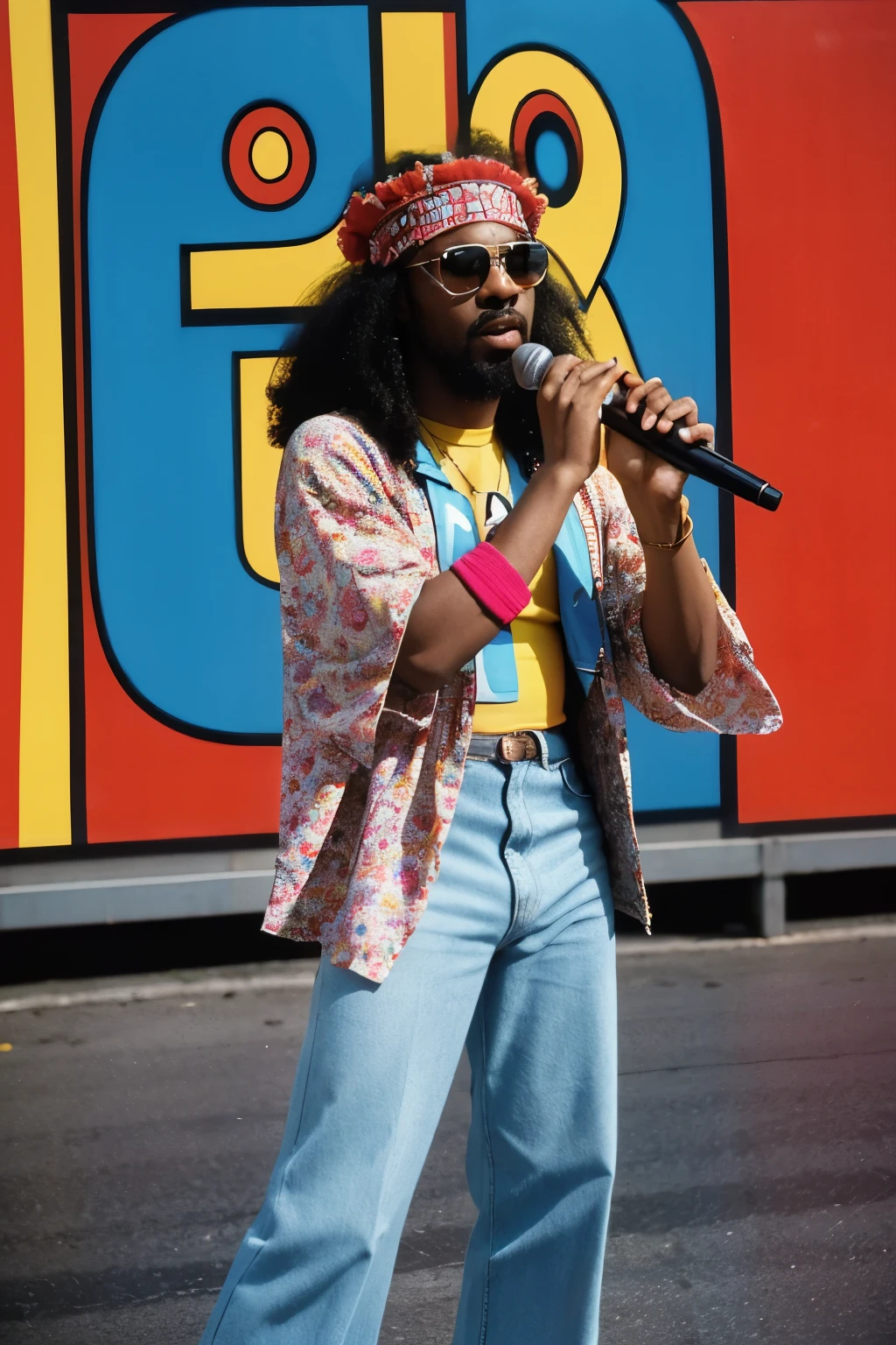 arafed man standing next to a sound box with a microphone, 7 0 s street photography, funk art, photo from the 70s, photo from the 7 0 s, taken in the late 1970s, funkadelic, from the 7 0 s, taken in the 1970s, taken in the early 1970s