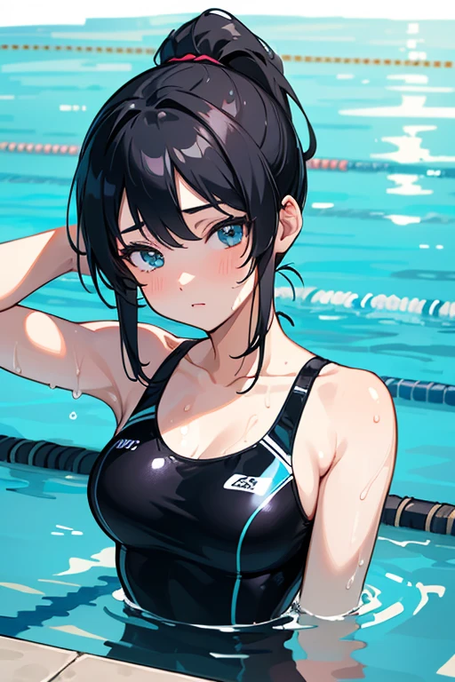 beautiful, masterpiece, best quality, hiqcgbody, anime, 1girl, medium breasts, olympic swimmer, transparent and Clear black swimsuit, black hair, ponytail, swimming goggles, portrait shot, looking at viewer, partially submerged, outdoor pool, wet skin, intricate details