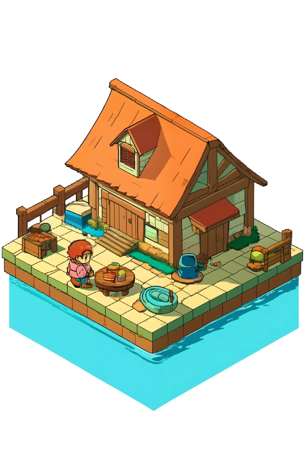 ((melhor qualidade)), ((Obra de arte)), (detalhado), a drawing of an island with a simple house with worn-out roofs and a man fishing in the sea in isometric style and made with pencil only in the outline style of Akira Toriyama