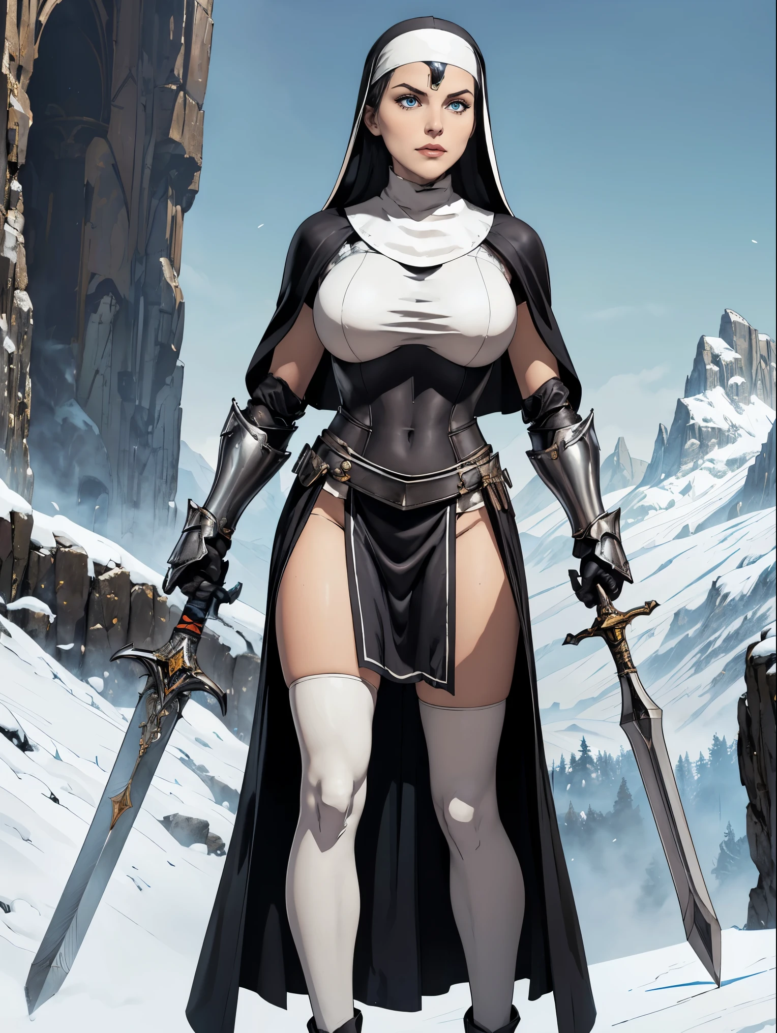 (masterpiece, top quality, best quality, official art, beautiful and aesthetic:1.2), (1girl:1.3), ((Sharp facial features, sharp features, hawkish features)), ((pale skin, blue eyes)), busty paladin knight girl, extremely detailed, portrait, looking at viewer, solo, (full body:0.6), detailed background, full-body shot, (warm mountain meadow theme:1.1), holy knight, (nun), charlatan, smirk, mysterious, swaying in mountains, armor, polished metal, gold trim, long boots, white fabric, pelvic curtain, robe, pale leather, ((((nun, greatsword, heavy armor, armored, long legs, pelvic curtain, toned, muscular)))), slim waist, slim hips, long legs, medieval (mountain exterior:1.1) background, dark mysterious lighting, shadows, magical atmosphere, dutch angle