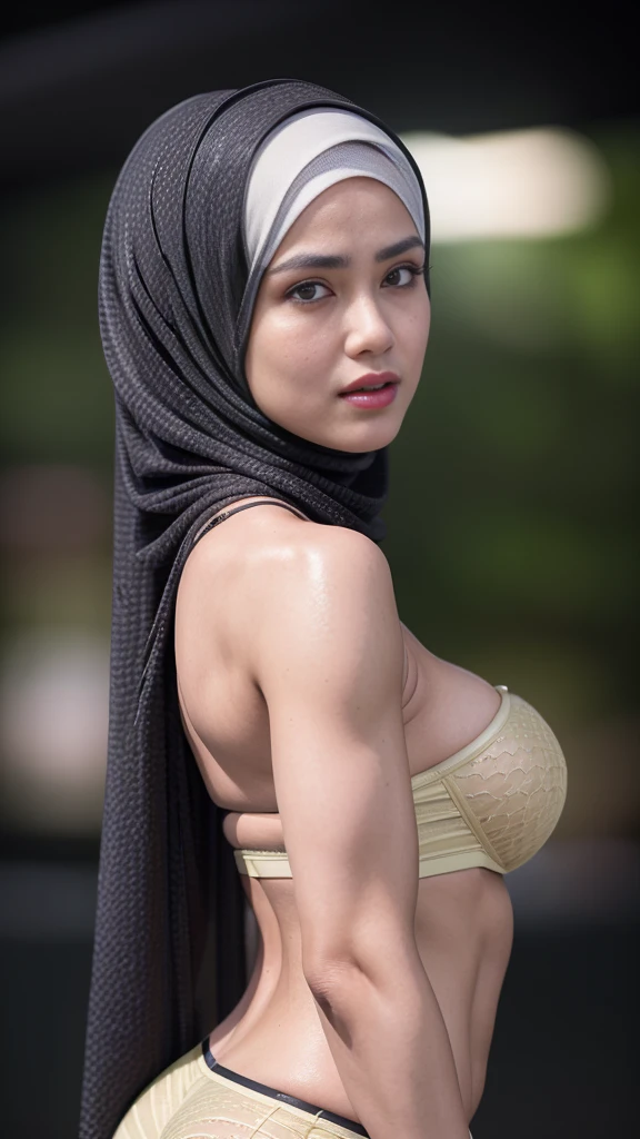((SHORT HIJAB)), ((big breasts)), chubby, ((plump body)), ((sweatiest body)), (dynamic photograph of a 58 year old Indonesian woman), (slim top, cotton panties), (straight non curly hair), (highly detailed face:1.4), (vascular muscles and abs:1.3), (background inside light, bright, private gym:1.1), (8k, uhd, dslr, high quality, cinematic lighting, bokeh), (dramatic, award winning photography, incredible masterpiece:1.3), (((sexy sultry stare at camera:0.8))), close up, ((she is ready to dominate you:0.5)), ((beautiful feminine face)) (she is a champion pornstar figure), add_detail:1, ((Wearing strapless bra)) lace yellow fluorescence , from behind view, seductive pose, straddling , (((background a very dark night)))