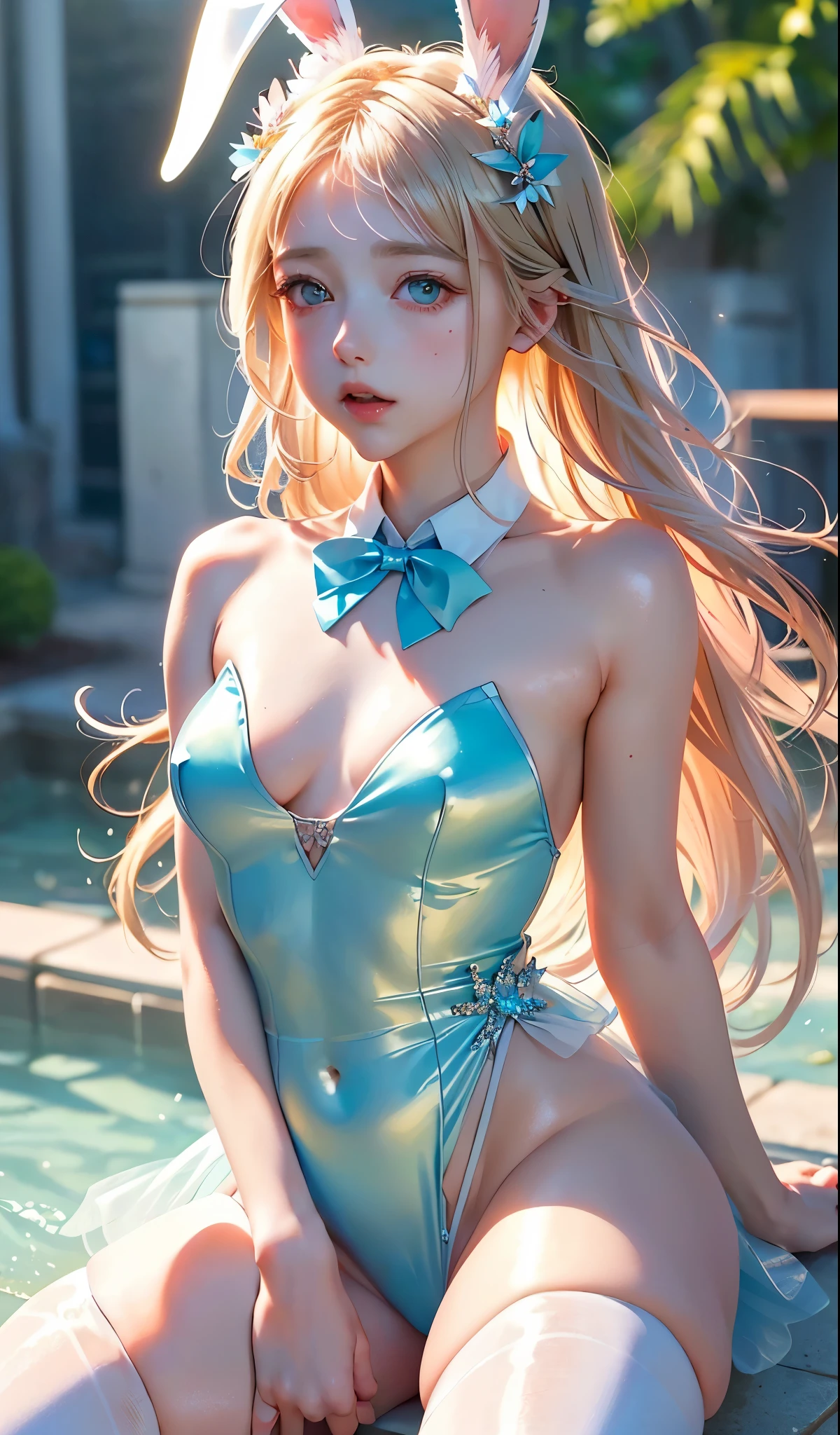 Highest quality。High resolution。Ultra-detailed。European woman in her late 20s。Anime style illustrations。Short and girlish in appearance、Fair skin。Short and young、Long, shiny golden white hair、Big Blue Eyes。Slender and slender figure。Modest chest元、A light-hearted smile、shy、(One piece swimsuit)、(On a beautiful lake、Beautiful sky)、(On all fours)、(Modest chest、Medium Hips)、sitting、From the back、