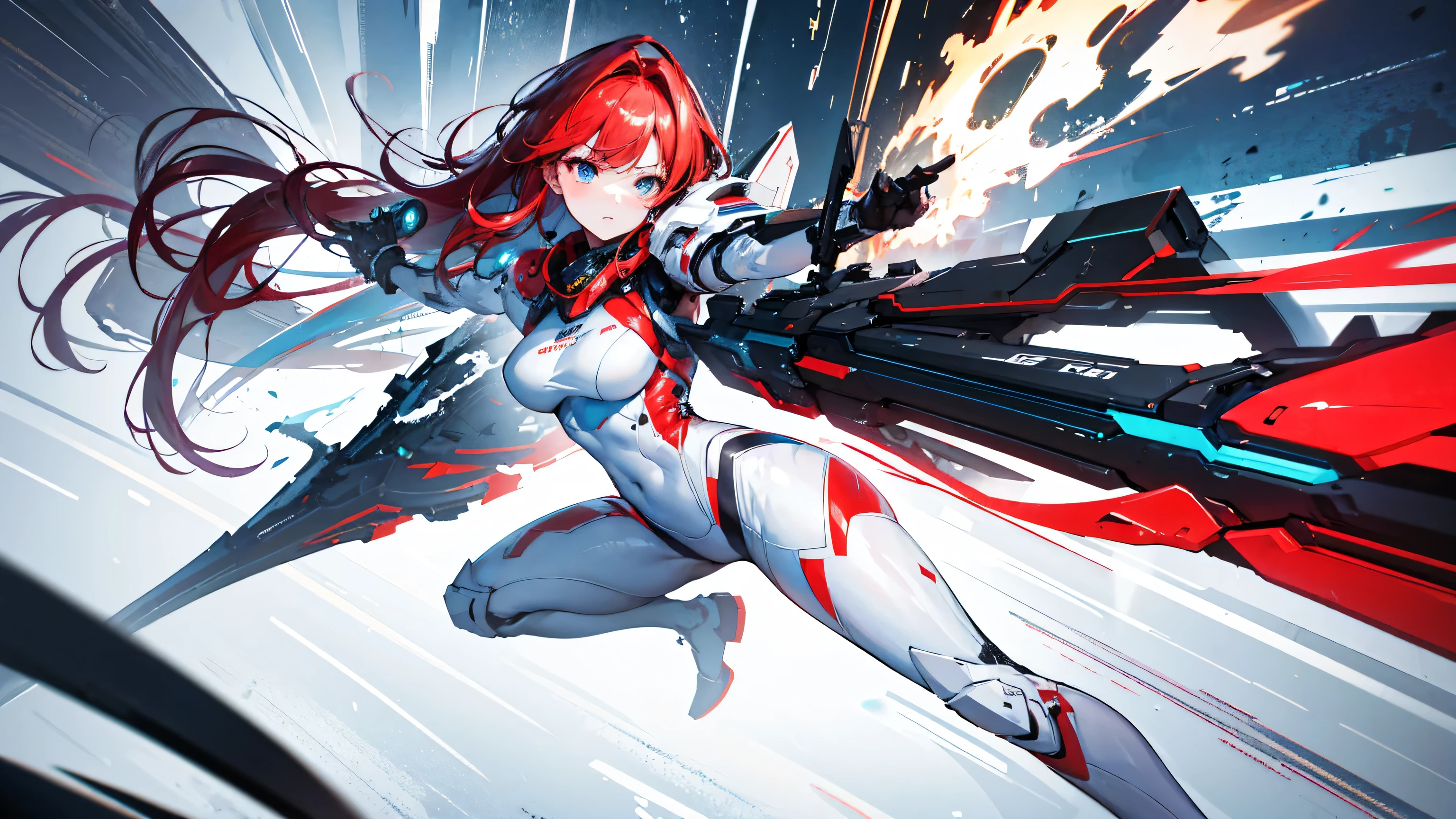 top-quality, ​masterpiece, high-detail, 4k picture quality, (1 woman:1.2), dynamic angle, front view, look at camera, action painting, gestural marks, dynamic brushwork, expressive motion, spontaneous technique, abstract expressionism, energetic compositions, (fantasy:1.3), dynamic angle, dynamic pose, scarlet red long hair, beautiful eyes of blue, patent leather tight suit, all white tight suit, medium breasts, holding a firearm
