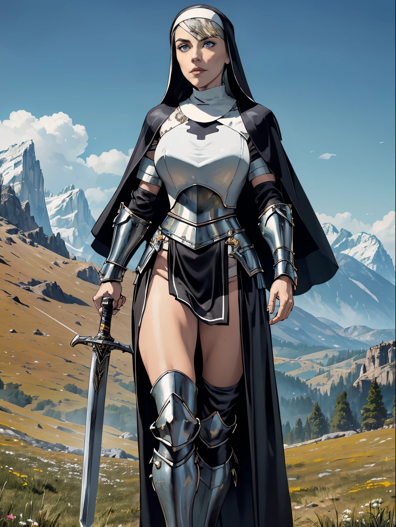 (masterpiece, top quality, best quality, official art, beautiful and aesthetic:1.2), (1girl:1.3), ((Sharp facial features, sharp features, hawkish features)), ((blue eyes)), busty paladin knight girl, extremely detailed, portrait, looking at viewer, solo, (full body:0.6), detailed background, full-body shot, (warm mountain meadow theme:1.1), holy knight, (nun), charlatan, smirk, mysterious, swaying in mountains, armor, polished metal, gold trim, long boots, white fabric, pelvic curtain, robe, pale leather, ((((nun, greatsword, heavy armor, armored, long legs, pelvic curtain, toned, muscular)))), slim waist, slim hips, long legs, medieval (mountain exterior:1.1) background, dark mysterious lighting, shadows, magical atmosphere, dutch angle