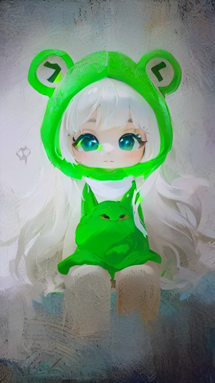 pintura de uma garota com uma fantasia de sapo verde e cabelos brancos, pele de cor branca, avatar roblox, chibi,anime, qualidade alta,em forma de anime
