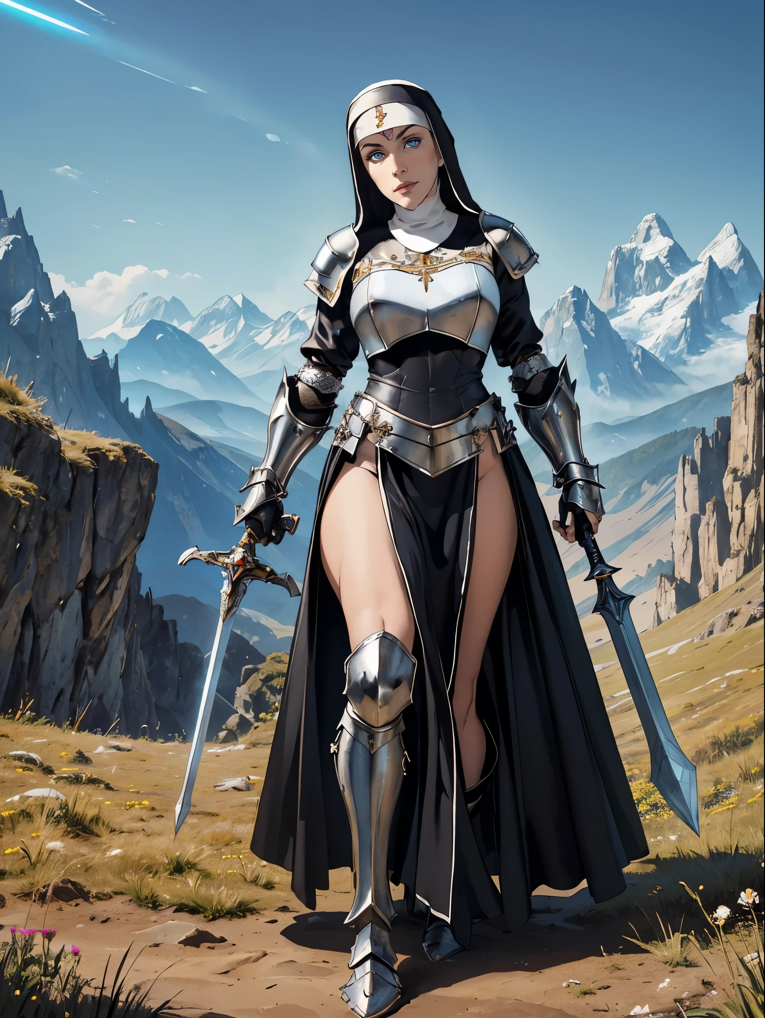 (masterpiece, top quality, best quality, official art, beautiful and aesthetic:1.2), (1girl:1.3), ((Sharp facial features, sharp features, hawkish features)), ((blue eyes)), busty paladin knight girl, extremely detailed, portrait, looking at viewer, solo, (full body:0.6), detailed background, full-body shot, (warm mountain meadow theme:1.1), holy knight, (nun), charlatan, smirk, mysterious, swaying in mountains, armor, polished metal, gold trim, long boots, white fabric, pelvic curtain, robe, pale leather, ((((nun, holy aura, greatsword, heavy armor, armored, long legs, pelvic curtain, toned, muscular)))), slim waist, slim hips, long legs, medieval (mountain exterior:1.1) background, dark mysterious lighting, shadows, magical atmosphere, dutch angle