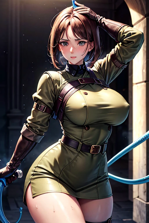 Browsing Caution, (Best image quality,highest quality,Highest Resolution, Ultra-Realistic Images,Very detailed,masterpiece,8k),One Woman,Whipping,Brown medium hair,Khaki military uniform,Leather gloves,Leather boots,((With a blue whip)),((Sticky with sweat)),Big Breasts, Erect nipples,((Tuck up your clothes,Showing off big areola)),blush, Eyes in Love, Dynamic pose ,Browsing Caution,