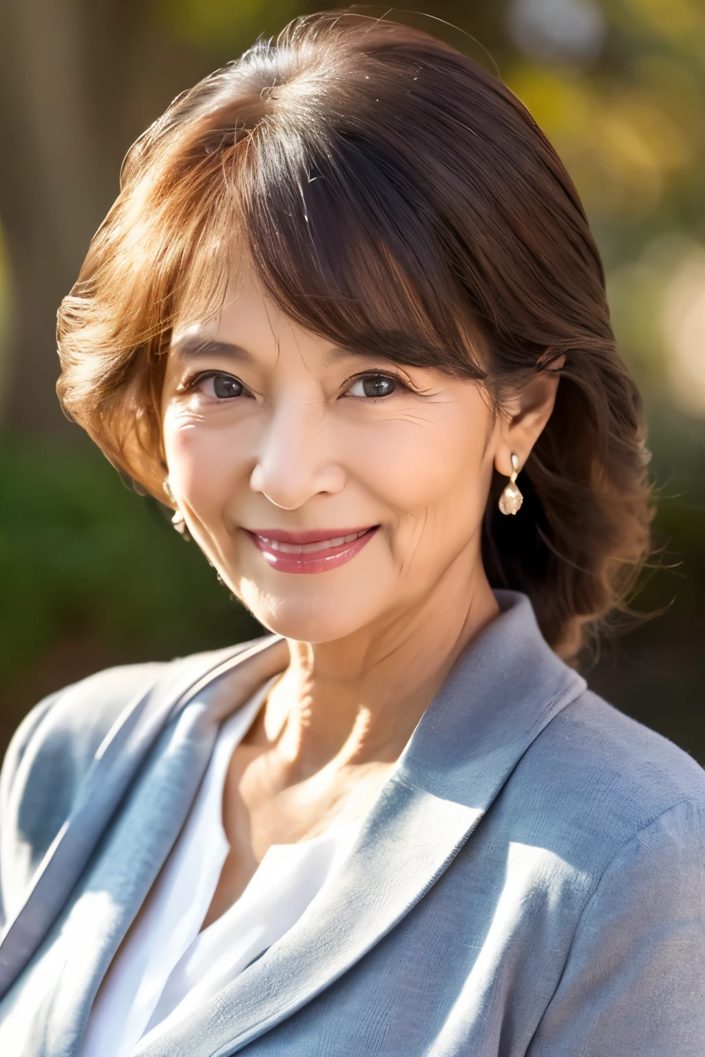 67 old、smile、beautiful、high class clothes, classy、Shining eyes、stare、