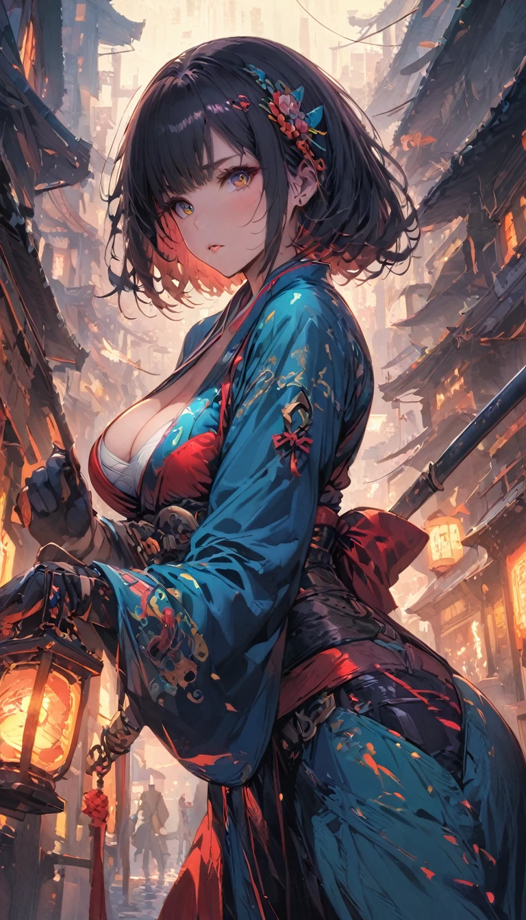 8k_wallpaper, extremely detailed eyes, extremely detailed body, (large masterpiece digital art), (detailed manga illustration), (detailed line art), ((perfect anatomy)), (intricate details:1.3), (ultra-detailed:1.3), (illustration:1.3), (sharp focus:1.3), (natural lighting:1.05), (vivid colors:1.3), (masterpiece), best quality, expressive eyes, perfect face, 1 girl, breasts, cleavage, gloves, large breasts, sarashi, traditional clothes, cerulean clothes, black hair, short hair, messy hair, dark brown eyes, hourglass physique, loose-fitting pants, dynamic pose, large ass, pale skin, shrine maiden, tomboy, combat boots