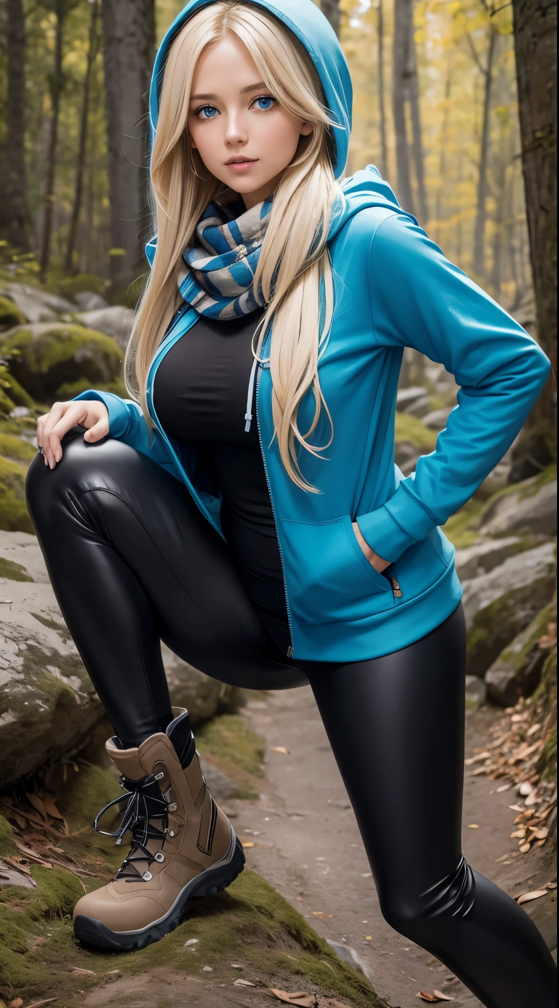 Only one woman with long straight light blonde hair.  Bright and expressive blue eyes.  She opted for black leggings, a hoodie and a scarf.  She was wearing hiking boots, big hip, long legs. Busty. Beautiful woman. Voluptuous girl