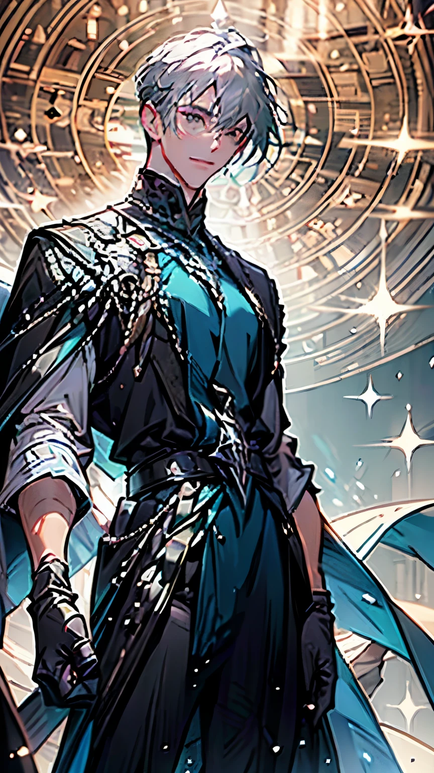 A young man, ice sorcerer, wearing a cloak made of crystal, white shirt, green pants, gloves, belt, and boots. Gray hair, gray eyes. (green pants) The prompt is: "A young man, ice sorcerer, wearing a cloak made of crystal, white shirt, green pants, gloves, belt, and boots. Gray hair, gray eyes. (best quality, 4k, highres, masterpiece:1.2), ultra-detailed, (realistic, photorealistic, photo-realistic:1.37), HDR, UHD, studio lighting, extreme detail description, professional, vivid colors, bokeh, portraits, icy blue color palette, ethereal lighting."