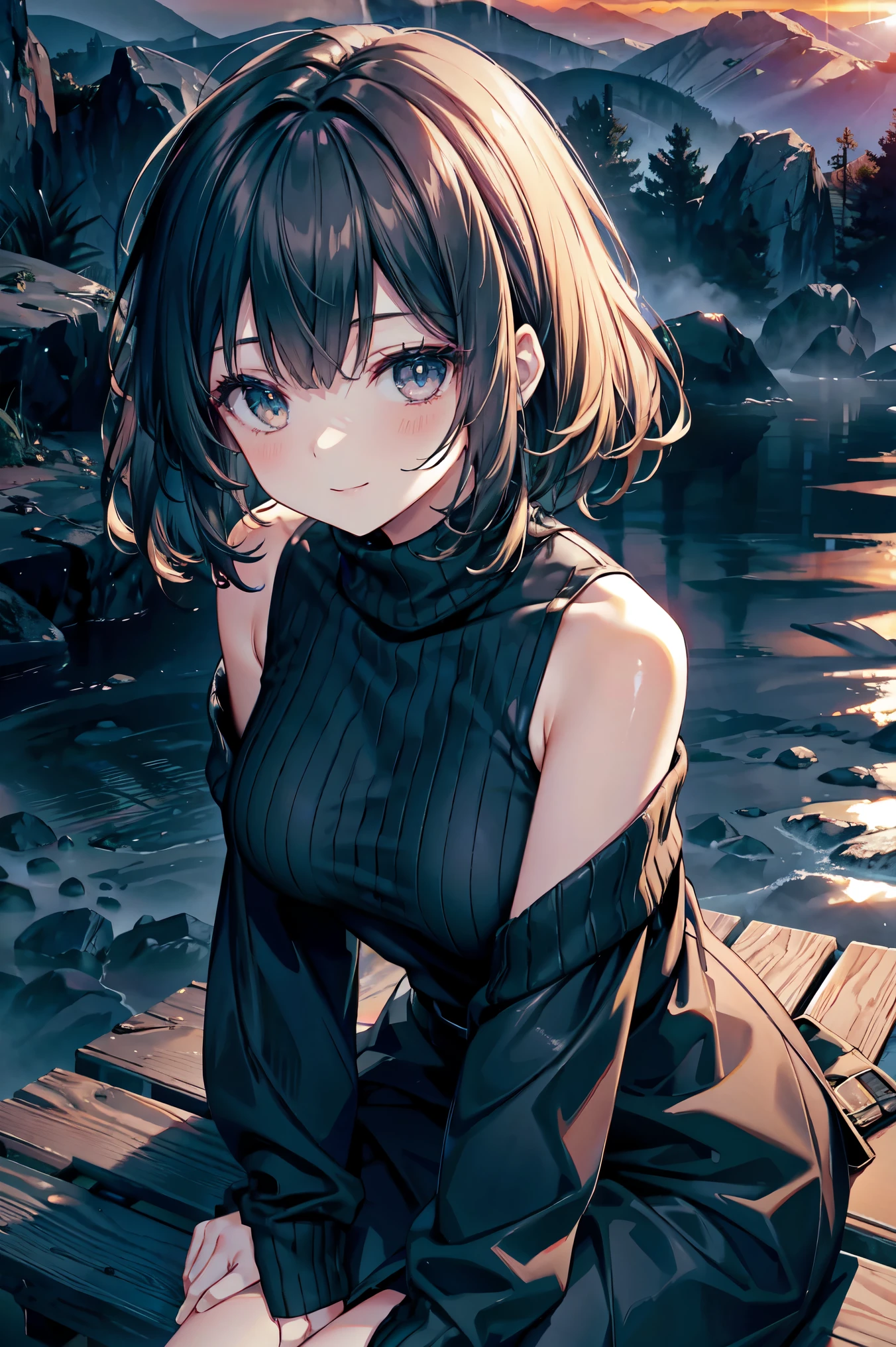 (Dark Scene, Soft lighting, High saturation):1.4, Vivid lighting, Captivating elegance, Atmospheric Depth, Amazing technique, Naturalistic representation, Harmonious composition, Creative refinement, A striking contrast,
(One girl, Young Beauty), Sitting, smile, View Viewer, From above, Sharp focus, Extra Large_sweater, shoulder,
((sunset)),Volumetric Fog, Outdoor, Backlight