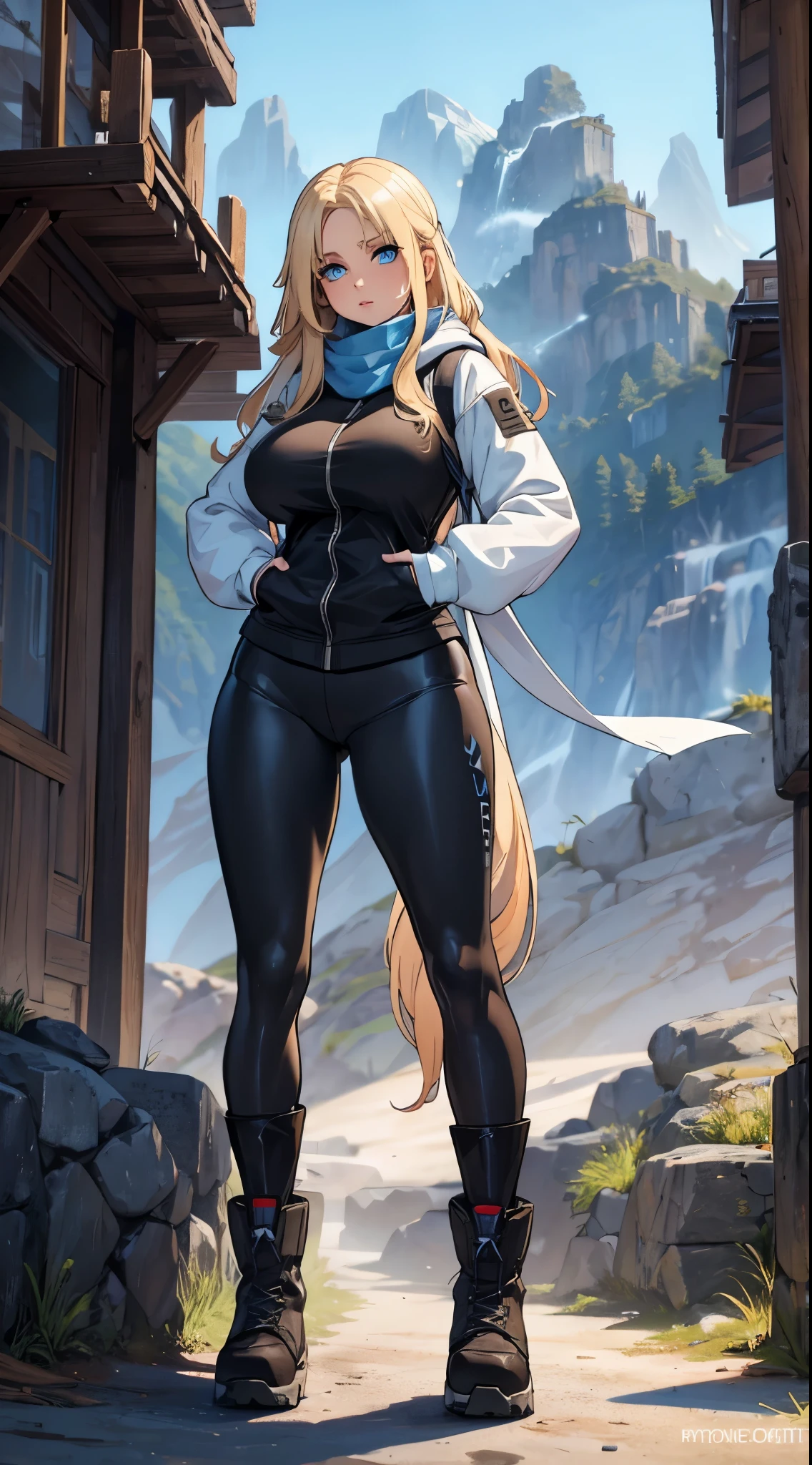 Only one woman with long straight light blonde hair. Bright and expressive blue eyes. She opted for black leggings, a hoodie and a scarf. She was wearing hiking boots, big hip, long legs. Busty. Beautiful woman. Voluptuous girl