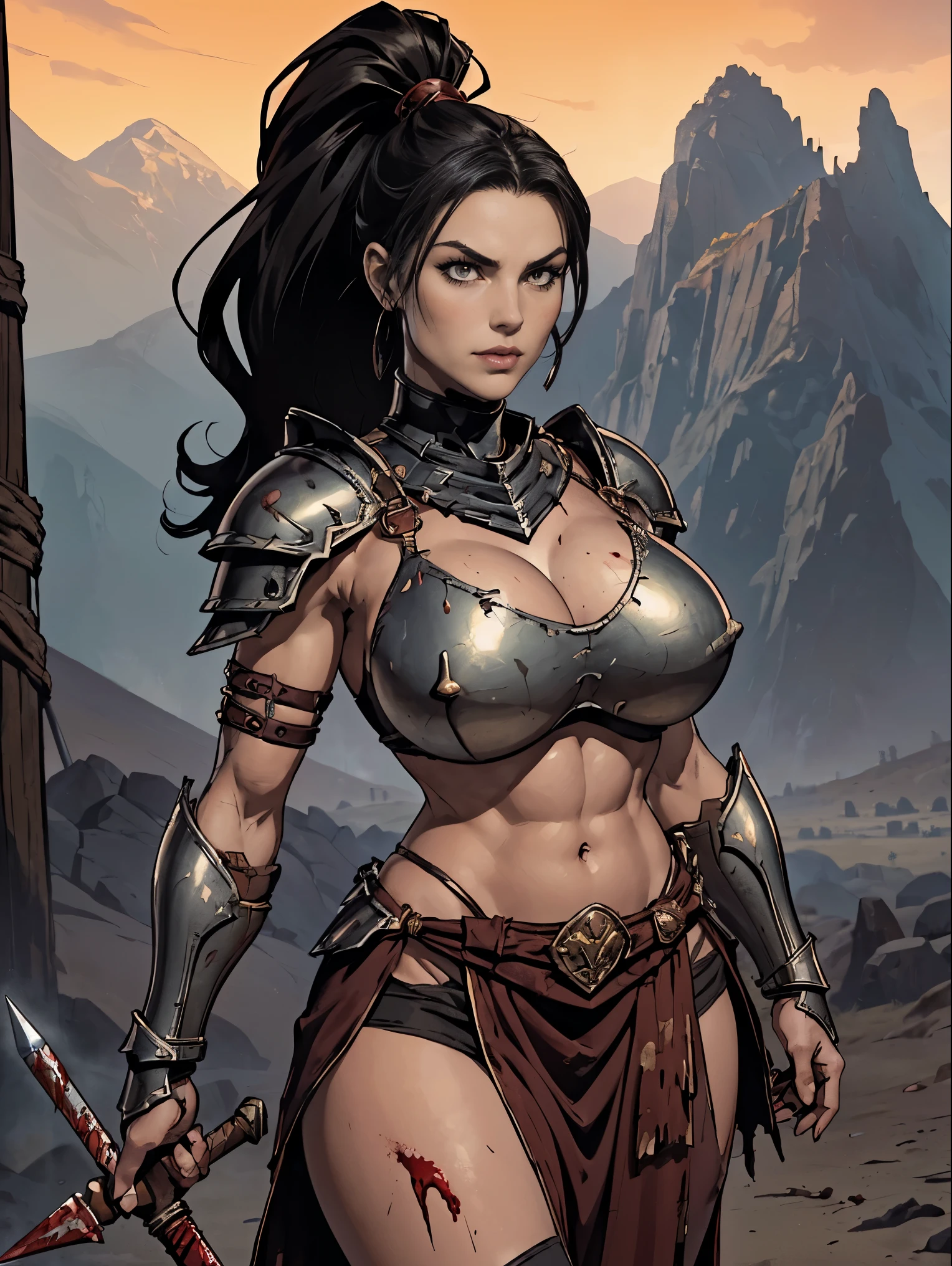 (masterpiece, top quality, best quality, official art, beautiful and aesthetic:1.2), (1girl:1.3), ((Sharp facial features, sharp features, hawkish features)), ((pale skin, orange eyes, big hair, long black hair, ponytail)), big tiddy chaos warrior girl, extremely detailed, portrait, looking at viewer, solo, (full body:0.6), detailed background, full-body shot, (hot desert mountain theme:1.1), chaos warrior, (spiky helmet), charlatan, smirk, mysterious, swaying in mountains, armor, red metal, brass trim, long boots, blood red fabric, pelvic curtain, loincloth, black leather, ((((spear, heavy armor, blood, blood splatter, armored, gigantic breasts, long legs, pelvic curtain, toned, muscular)))), cute belly button, toned tummy, slim waist, slim hips, long legs, medieval (mountain exterior:1.1) background, dark mysterious lighting, shadows, magical atmosphere, dutch angle
