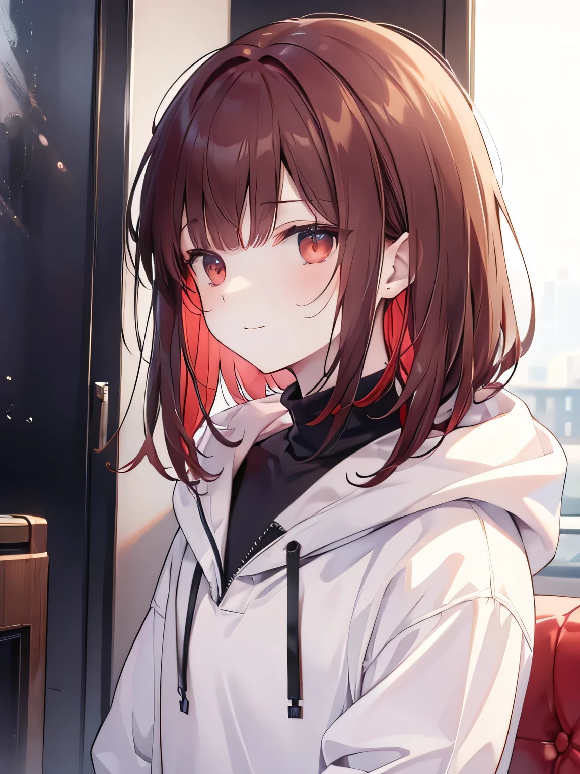 best quality , detailed , ((( 1 male ))) , ( male focus:1.2 ) , ( brown hair ) , (( red inner hair )) , ( two block hairstyle:1.2 ) , (( middle length nape hair:1.3 )) , bangs , ( male face:1.3 ) , oversized white hoodie , sharp nose , cold eye , wine red boy eye , eyebrows , naughty smile , slim male body , ( facing the front ) , (( upper body )) , ( white background:1.2 )