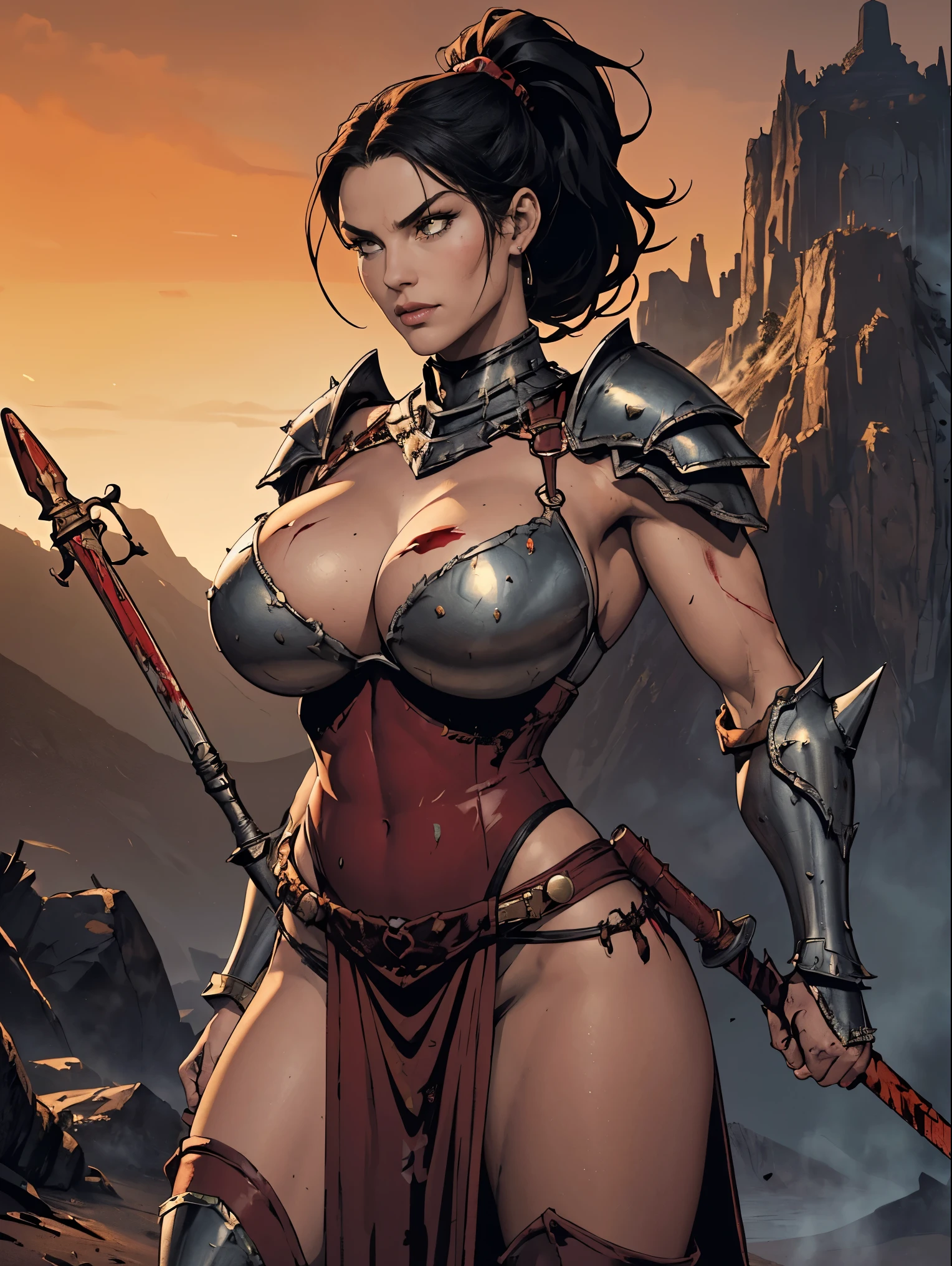 (masterpiece, top quality, best quality, official art, beautiful and aesthetic:1.2), (1girl:1.3), ((Sharp facial features, sharp features, hawkish features)), ((pale skin, orange eyes, big hair, long black hair, ponytail)), big tiddy chaos warrior girl, extremely detailed, portrait, looking at viewer, solo, (full body:0.6), detailed background, full-body shot, (hot desert mountain theme:1.1), chaos warrior, (spiky helmet), charlatan, smirk, mysterious, swaying in mountains, armor, red metal, brass trim, long boots, blood red fabric, pelvic curtain, loincloth, black leather, ((((spear, heavy armor, blood, blood splatter, armored, gigantic breasts, long legs, pelvic curtain, toned, muscular)))), cute belly button, toned tummy, slim waist, slim hips, long legs, medieval (mountain exterior:1.1) background, dark mysterious lighting, shadows, magical atmosphere, dutch angle