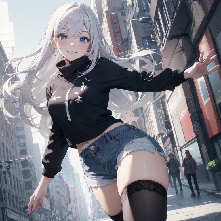 (Masterpiece, Best quality, ultra high resolution), 1 girl, Silver hair, Pale skin, Beautiful detailed face, Detailed eyes, posing on a, On a white background, Dynamic lighting, dynamic shadowing, looking at viewer, White stone punk fashion,(Posing for a photo),((White clothes)), (((black thigh highs))), ((jean shorts, skirt)), white sweater, ((Blue eyes)), happy, smiling, black straps, black strap design, ((Long white hair)), energetic, cheerful, cityscape background