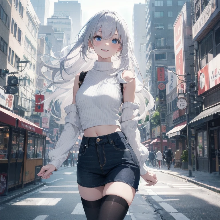 (Masterpiece, Best quality, ultra high resolution), 1 girl, Silver hair, Pale skin, Beautiful detailed face, Detailed eyes, posing on a, On a white background, Dynamic lighting, dynamic shadowing, looking at viewer, White stone punk fashion,(Posing for a photo),((White clothes)), (((black thigh highs))), ((jean shorts, skirt)), white sweater, ((Blue eyes)), happy, smiling, black straps, black strap design, ((Long white hair)), energetic, cheerful, cityscape background