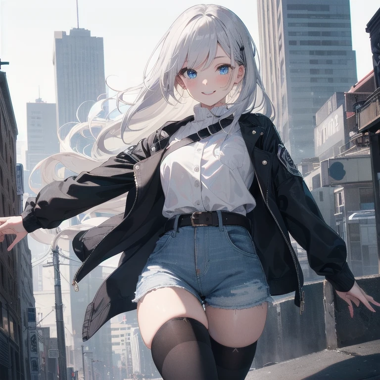 (Masterpiece, Best quality, ultra high resolution), 1 girl, Silver hair, Pale skin, Beautiful detailed face, Detailed eyes, posing on a, On a white background, Dynamic lighting, dynamic shadowing, looking at viewer, White stone punk fashion,(Posing for a photo),((White clothes)), (((black thigh highs))), ((jean shorts, skirt)), white sweater, ((Blue eyes)), happy, smiling, black straps, black strap design, ((Long white hair)), energetic, cheerful, cityscape background