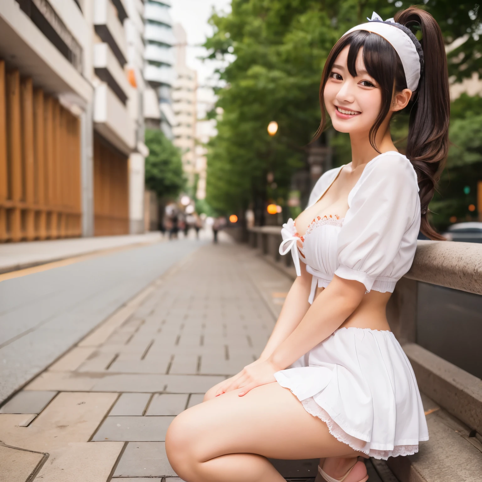 A 20-year-old maid with a cute face like an idol　Smiling Kindly　Japanese maid cafe outfit　Maid clothes　mini skirt　Cosplay　Cleavage　Medium bust　Squatting on the sidewalk　Panties are clearly visible　RAW Photos　Genuine　Genuine　Real Stick　High resolution　RAW Photos