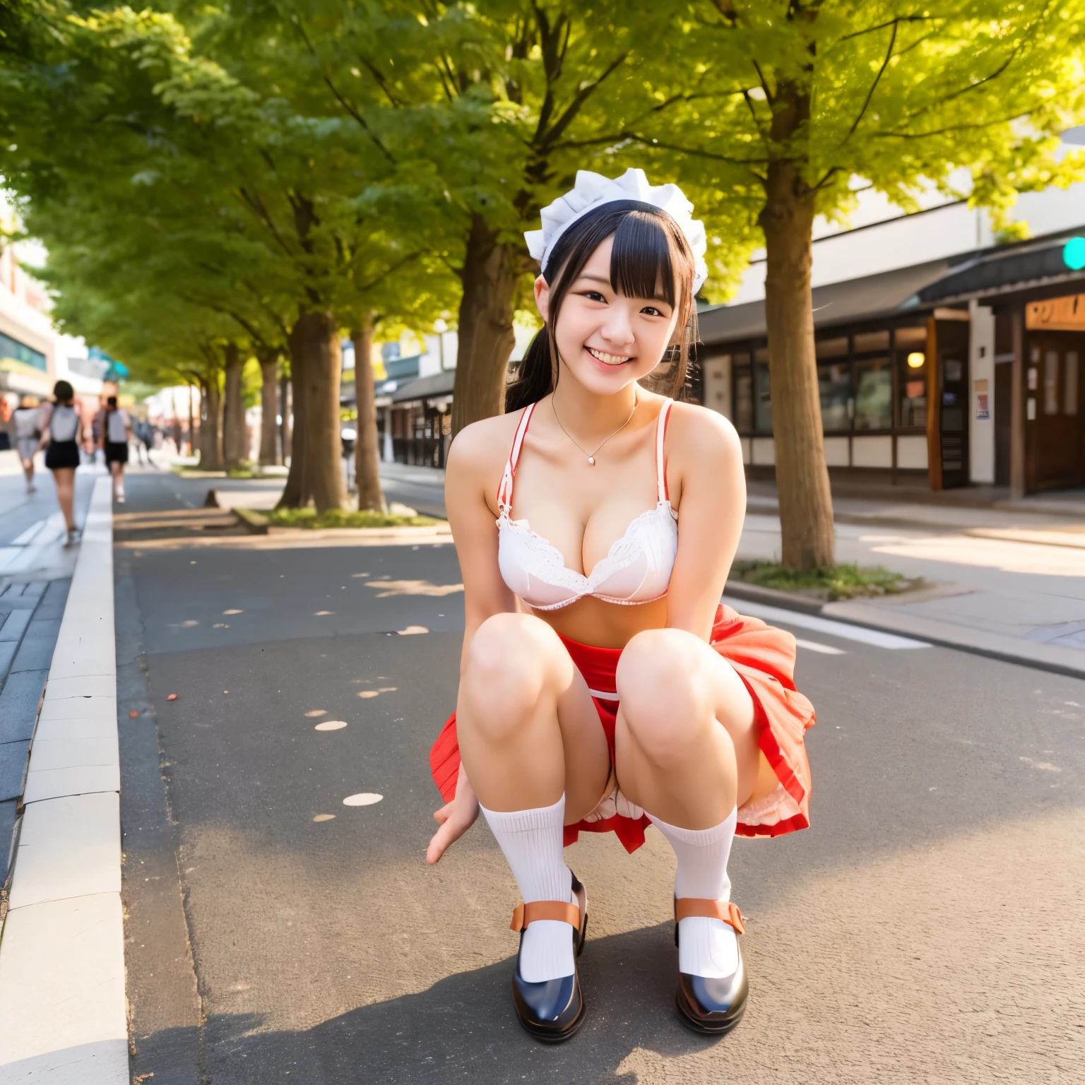A 20-year-old maid with a cute face like an idol Smiling Kindly Japanese maid cafe outfit Maid clothes mini skirt Cosplay Cleavage Medium bust Squatting on the sidewalk Panties are clearly visible RAW Photos Genuine Genuine Real Stick High resolution RAW Photos
