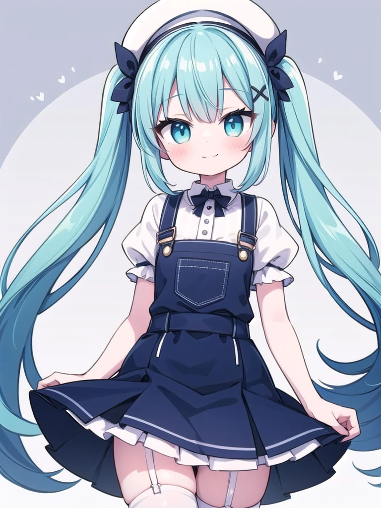 1girl, best quality, perfect hands, black rabbit ears, long rabbit ears, rabbit girl, smile, black hair, cyan streaked hair, cyan colored inner hair, very long hair, twintails, red hair bow, cyan eyes, white shirt, overalls, blue skirt, very short skirt, puffy short sleeves, white beret, blush, hair ornament, white thighhighs, white garter straps, (white beret:1.5)