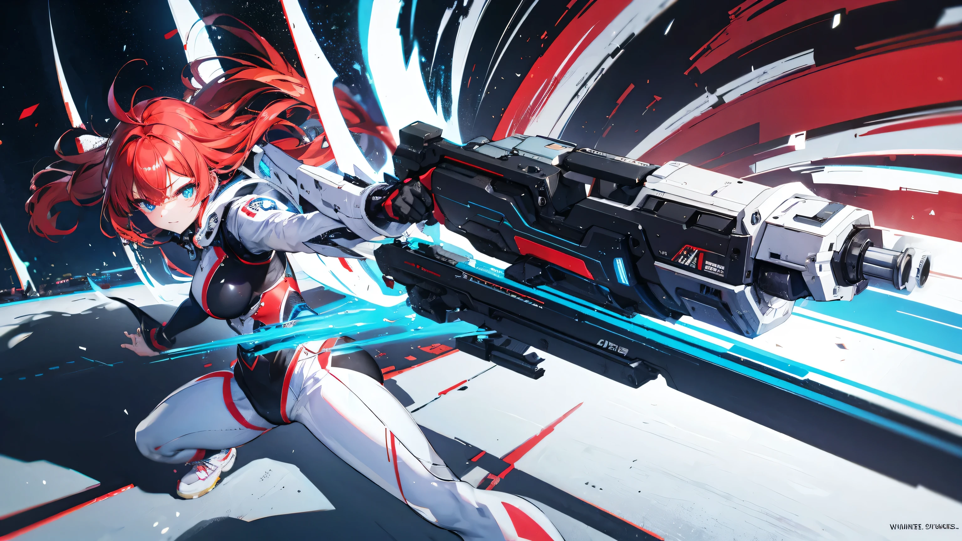 top-quality, (masterpiece), high-detail, 4k picture quality, (1 woman:1.2), dynamic angle, front view, look at camera, action painting, gestural marks, dynamic brushwork, expressive motion, spontaneous technique, abstract expressionism, energetic compositions, (fantasy:1.3), dynamic angle, dynamic pose, scarlet red long hair, beautiful eyes of blue, patent leather tight suit, all white tight suit, medium breasts, holding a firearm