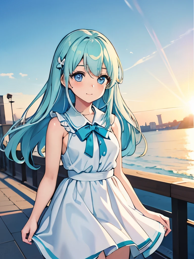 Absurd, High resolution, (Anime Style:1.1), ((Tabletop)), ((highest quality)), (Super detailed), (beautiful), solo, beautiful face、(lift),Cute girl standing on the street of a Mediterranean port city,Wind,Colorful hair on white, Light blue eyes,Cute white dress,blue sky,Close one eye,View Viewer,Lens flare,dramatic, Coastal、(スカートがWindになびく:1.3)、Laughter、miku hatsune
