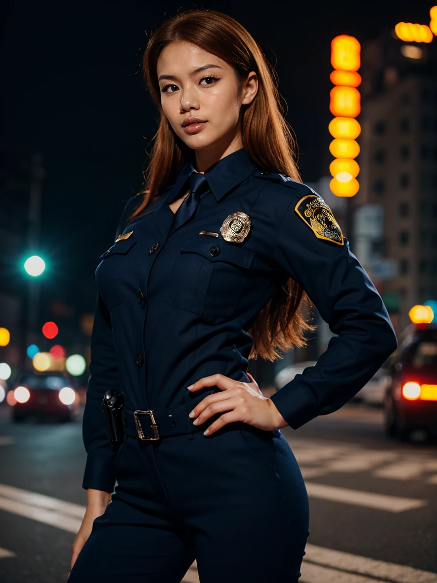 (1 lady), (Best quality at best:1.4), (ultra - detailed), (extremely detailed CG unified 16k), A Beautiful Woman with Perfect Figure: 1.4, Sharp Focus: 1.2, very detailed, High-definition RAW color photo, professional photoshooting, amazing face and eyes, cosmetics, (amazingly beautiful girl), ((asuka)), ((police uniform, whole body police uniform, long sleeves blue navy shirt, police uniform blue navy pants)), standing, sexyposture，(Dark and stylish urban landscape, city lights, city lights:1.3), (look from down), realistic cinematic face, head to feet long wide zoomed out view, full body long view, photorealistic, ((realistic natural orange redhair style, blue eyes, long hair)), gorgeous, extremely beautiful face, perfect model beauty, pout mouth, Highly Detailed Face and Skin Texture, Detailed Eyes, Double Eyelids, Medium Breasts, Smile, cleavages, western, (masterpiece), best quality, high resolution, extremely detailed, blurred background, depth of field, cinematic lighting, amazing legs, combat boots, clear and well-cared skin, (((woman occupies most of the picture))), (photorealistic colors, photography colors)