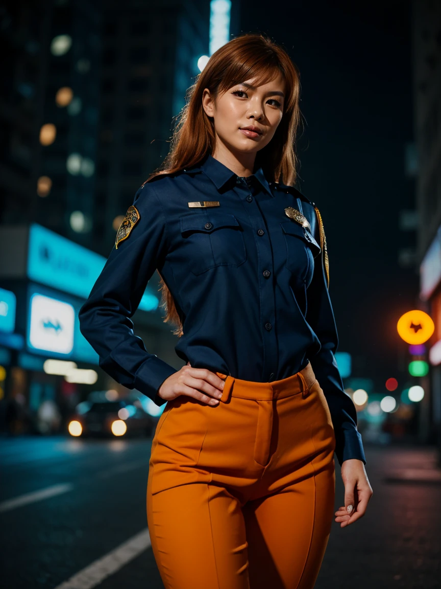 (1 lady), (Best quality at best:1.4), (ultra - detailed), (extremely detailed CG unified 16k), A Beautiful Woman with Perfect Figure: 1.4, Sharp Focus: 1.2, very detailed, High-definition RAW color photo, professional photoshooting, amazing face and eyes, cosmetics, (amazingly beautiful girl), ((asuka)), ((police uniform, whole body police uniform, long sleeves blue navy shirt, police uniform blue navy pants)), standing, sexyposture,(Dark and stylish urban landscape, city lights, city lights:1.3), (look from down), realistic cinematic face, head to feet long wide zoomed out view, full body long view, photorealistic, ((realistic natural orange redhair style, blue eyes, long hair)), gorgeous, extremely beautiful face, perfect model beauty, pout mouth, Highly Detailed Face and Skin Texture, Detailed Eyes, Double Eyelids, Medium Breasts, Smile, cleavages, western, (masterpiece), best quality, high resolution, extremely detailed, blurred background, depth of field, cinematic lighting, amazing legs, combat boots, clear and well-cared skin, (((woman occupies most of the picture))), (photorealistic colors, photography colors)