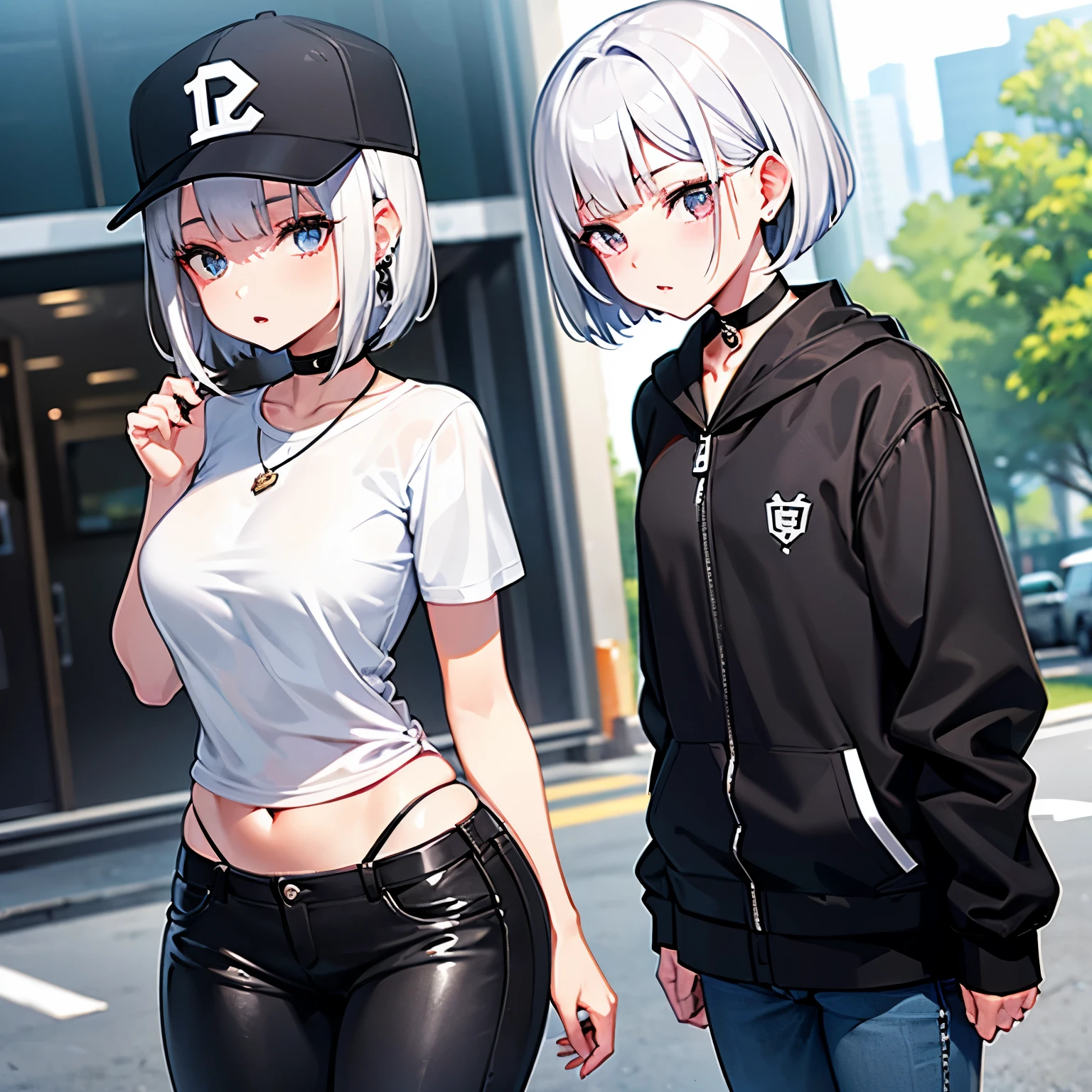 chibi, super deformed, best quality, super fine, beautiful cute girl with cool model-like figure, silvery white short bob cut, bangs, I was so surprised that my eyes turned white, white open-necked shirt, platinum piercings, platinum necklace, slender perfect proportion, black fashion baseball cap, black earrings, black choker, black jeans, black engineer boots