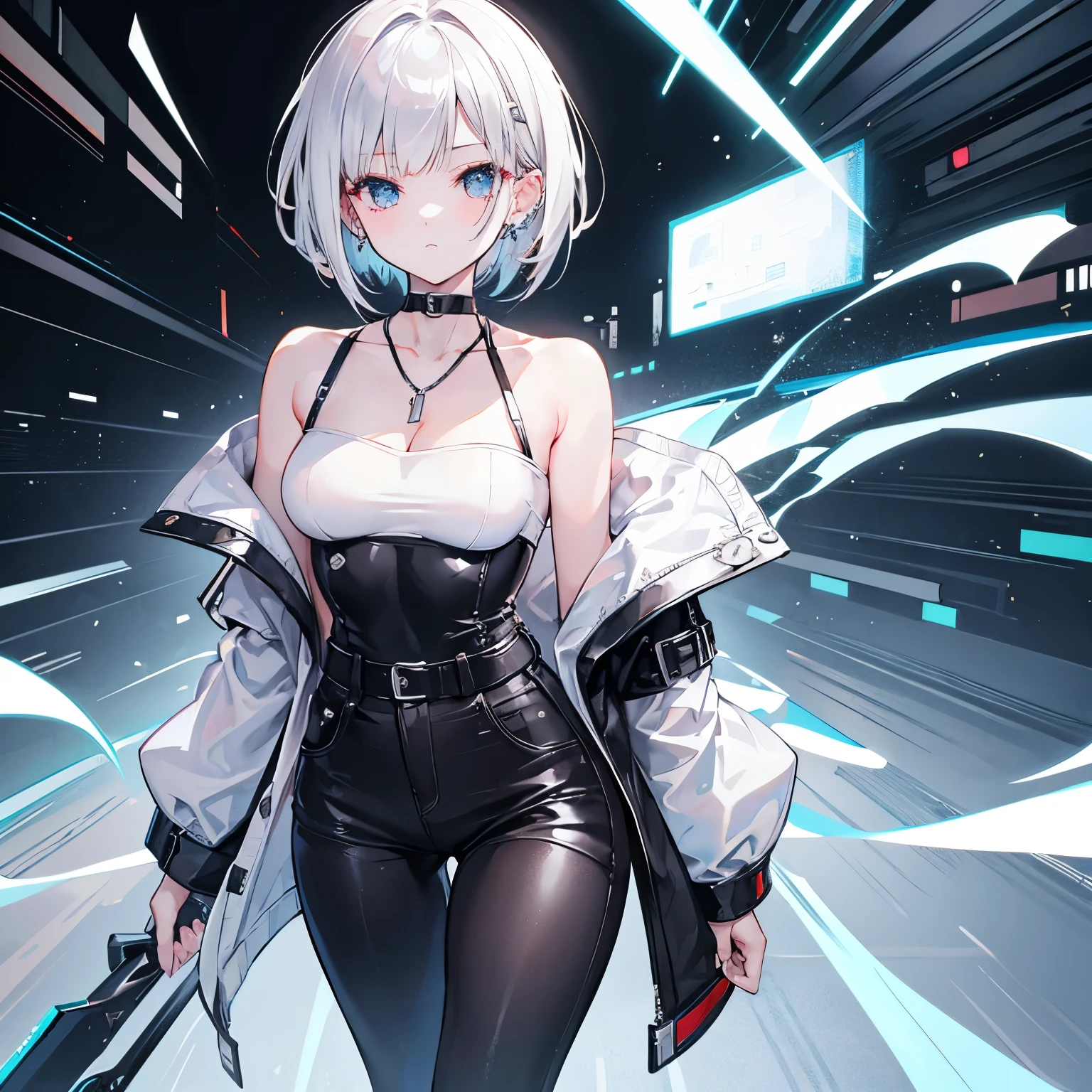 chibi, super deformed, best quality, super fine, beautiful cute girl with cool model-like figure, silvery white short bob cut, bangs, I was so surprised that my eyes turned white, white open-necked shirt, platinum piercings, platinum necklace, slender perfect proportion, black fashion baseball cap, black earrings, black choker, black jeans, black engineer boots