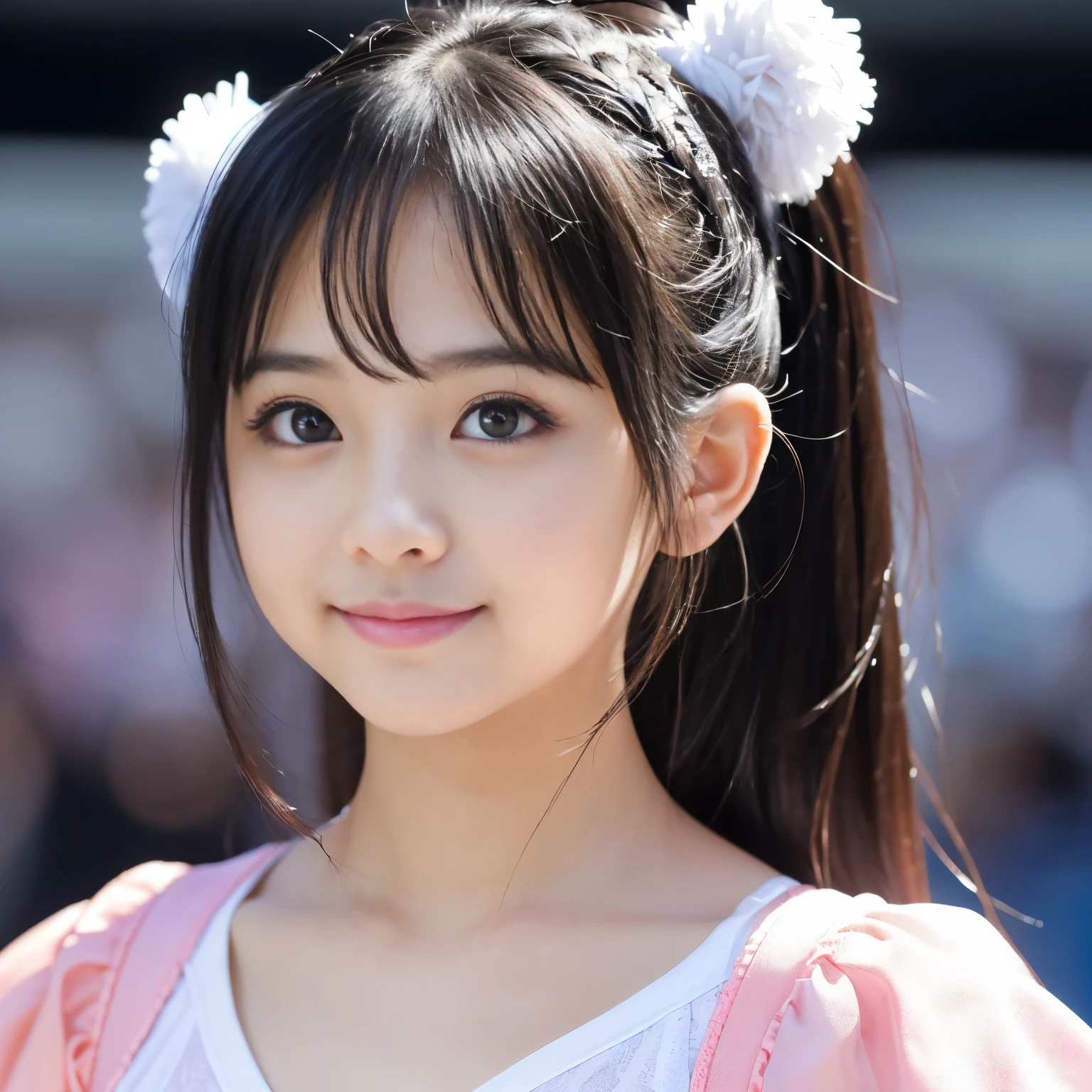 (Best-quality, Masterpiece, Ultra-High-Resolution, (Photorealistic:1.4), Raw Photo, depth of field, professional lighting, perfect anatomy, extremely details), 1girl, -yeld, thost famous Japanese idol, wearing cheerleading costume with cute-design, detailed cheerleading-costume-with-cute-design, (extremely cute face like the most popular Japanese idol, ((extremely cute big-black-eyes)), extremely cute hair, extremely cute skins, extremely cute long-eyelashes, extremely cute lips, extremely cute childish-b looking at viewer, innocent smile, (((feeling extremely strong sexual arousal)))