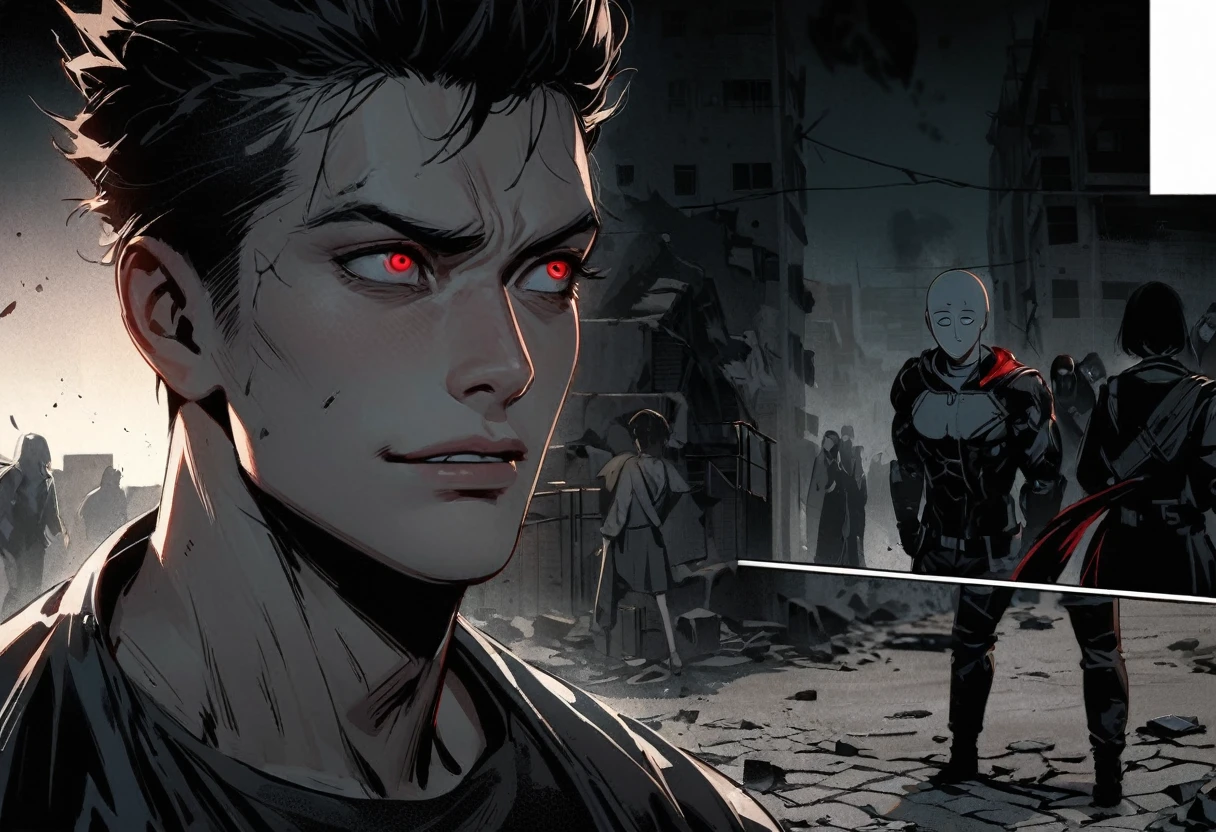 Saitama,confused,beautiful detailed eyes,beautiful detailed lips,extremely detailed eyes and face,longeyelashes,1 man(or 1 person),2:1 aspect ratio,handsome muscular body,black spiked hair,serious expression,expression of disbelief,"I'm his girlfriend":1.1,"couple photos":1.1,posing together, smiling,interacting with the crowd,asking the crowd for photos,"wrecked part of town":1.1,damaged buildings,rubble and debris,cracked pavement,dusty atmosphere,apocalyptic scene,post-fight setting,urban decay,dark and gritty,deserted streets,nighttime scene,moody lighting,high-contrast,shadows and highlights,monochromatic color palette with intense red accents,comic book style,gritty and realistic,masterpiece:1.2,ultra-detailed,eldritch,action-packed imagery