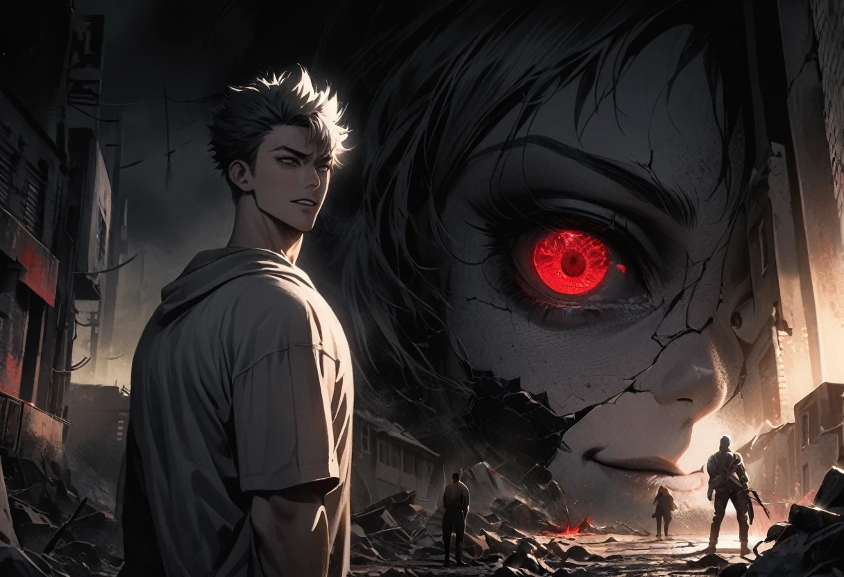 Saitama,confused,beautiful detailed eyes,beautiful detailed lips,extremely detailed eyes and face,longeyelashes,1 man(or 1 person),2:1 aspect ratio,handsome muscular body,black spiked hair,serious expression,expression of disbelief,"I'm his girlfriend":1.1,"couple photos":1.1,posing together, smiling,interacting with the crowd,asking the crowd for photos,"wrecked part of town":1.1,damaged buildings,rubble and debris,cracked pavement,dusty atmosphere,apocalyptic scene,post-fight setting,urban decay,dark and gritty,deserted streets,nighttime scene,moody lighting,high-contrast,shadows and highlights,monochromatic color palette with intense red accents,comic book style,gritty and realistic,masterpiece:1.2,ultra-detailed,eldritch,action-packed imagery